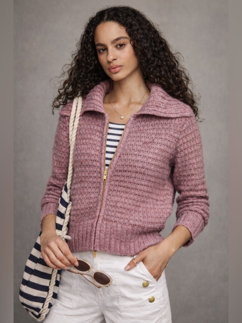 Joie Pink Marled Knit Zip Sweater Nautical Coastal Chunky Cardigan Gold Zip
